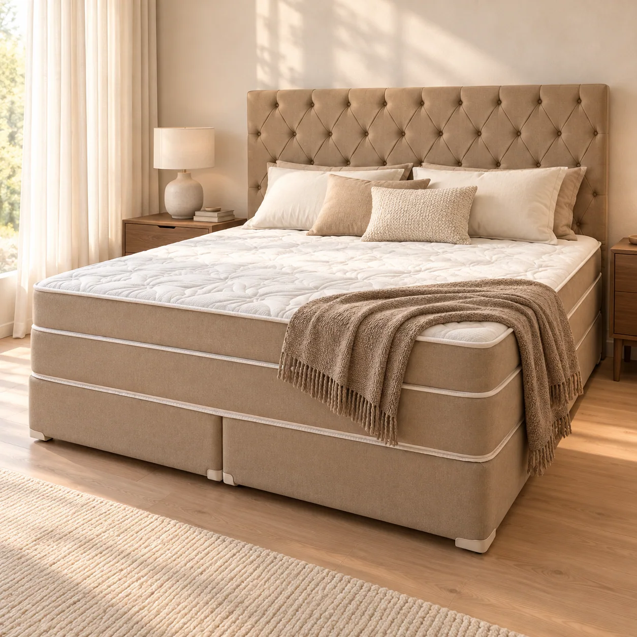 Sugestão de ambiente com cama Majestic bege, luz natural e madeira