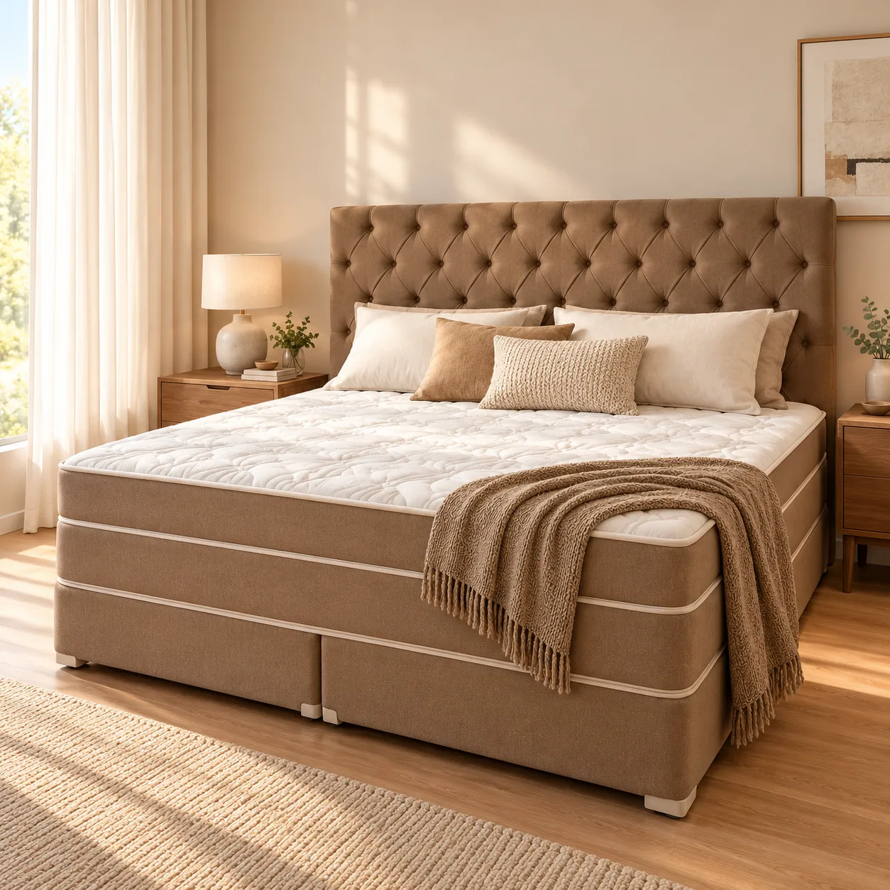 Conjunto Majestic em tom marrom, com colchão sobre base box bipartida em quarto decorado; sugestão de ambiente